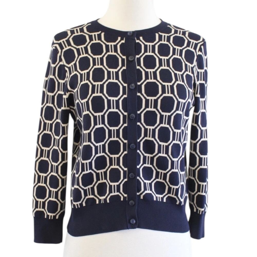 Ann Taylor Navy Blue Beige Geometric Print Cropped Knit Cardigan Sweater Size XS